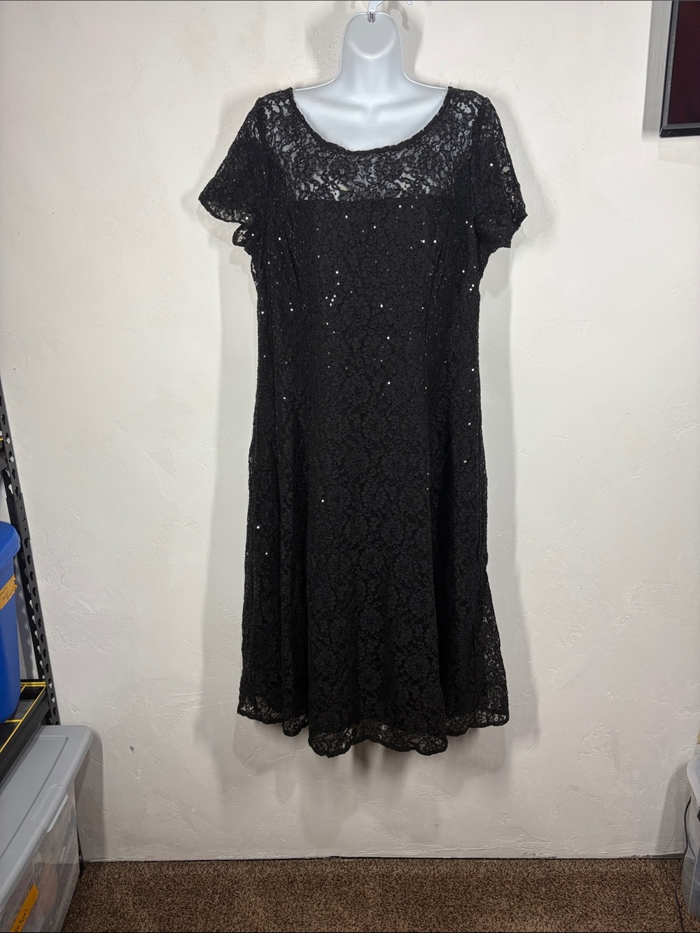 SLNY Black Lace Cocktail Dress with Sequin Detail size 18